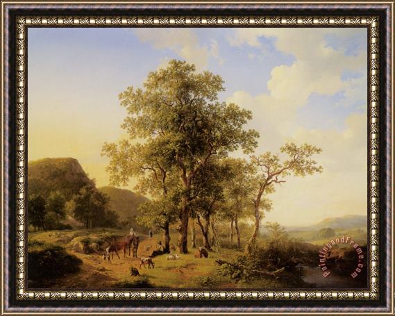 Hendrikus Van Den Sande Bakhuyzen A Treelined River Landscape with Figures And Cattle an a Path Framed Painting