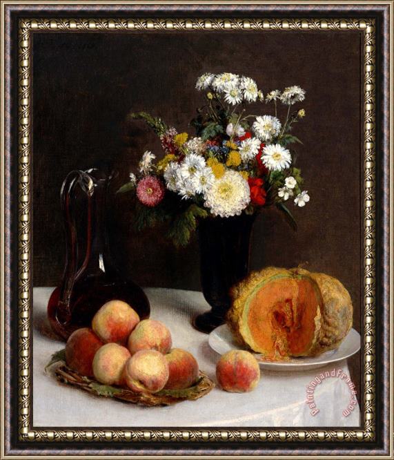 Henri Fantin Latour Still Life with a Carafe, Flowers And Fruit Framed Painting