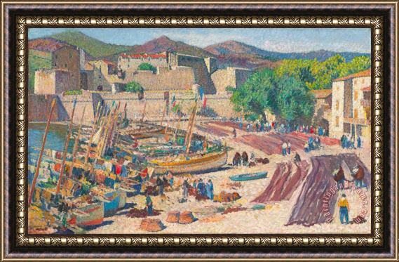 Henri Jean Guillaume Martin Port De Collioure Le 14 Juillet, Sechage Des Filets Sur La Greve, 1942 Framed Print