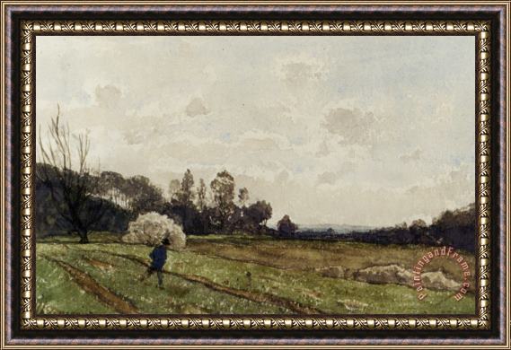Henri-Joseph Harpignies A Farmer Crossing a Field Framed Painting