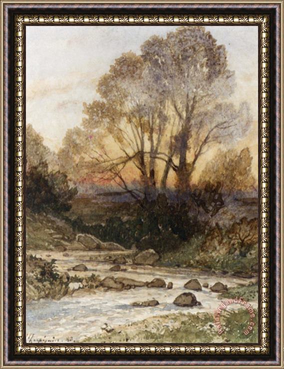 Henri-Joseph Harpignies A Rocky Landscape with a Torrent of Water Framed Print