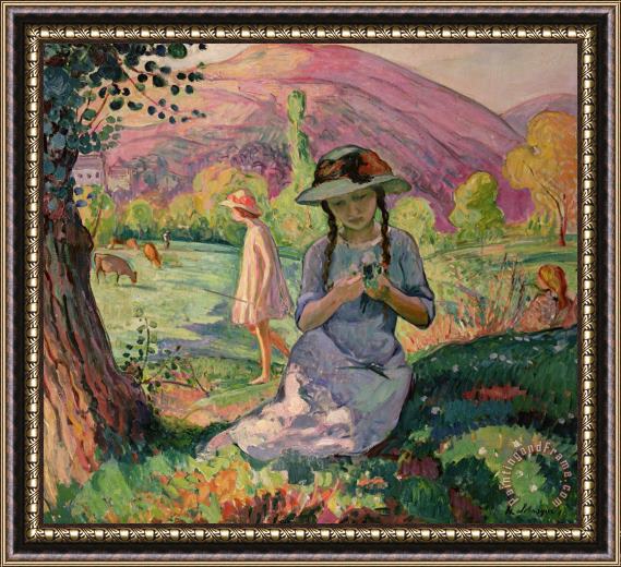 Henri Lebasque Young Girl Picking Flowers Framed Painting