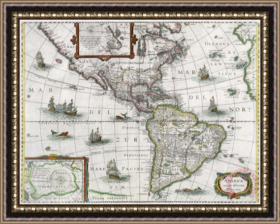 Henricus Hondius Map of the Americas Framed Painting