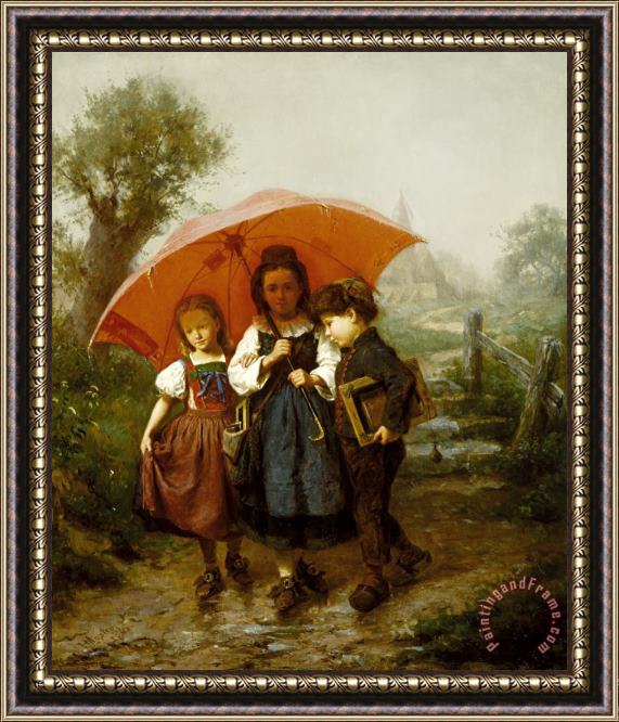Henry Mosler Children Under a Red Umbrella Framed Painting