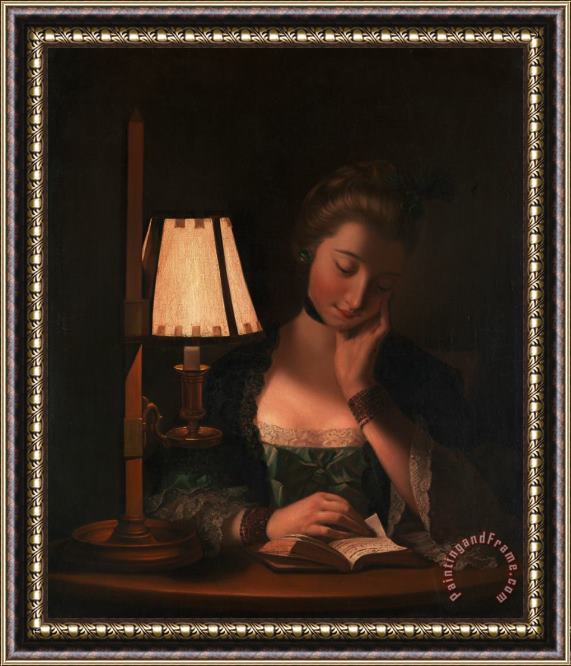 Henry Robert Morland Woman Reading by a Paper Bell Shade Framed Painting