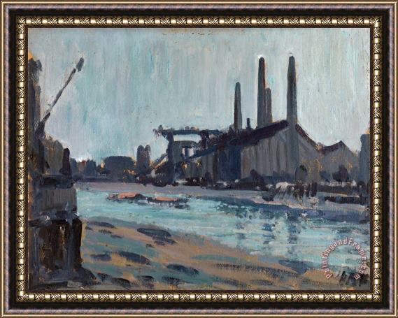 Hercules Brabazon Brabazon Landscape with Industrial Buildings by a River Framed Painting