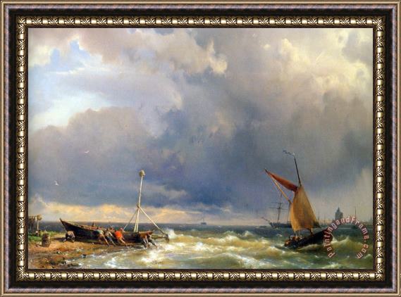 Hermanus Koekkoek Snr Shipping in a Stiff Breeze Near Enkhuizen Framed Painting