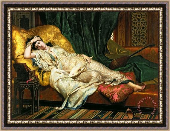 Hippolyte Berteaux Odalisque with a lute Framed Painting