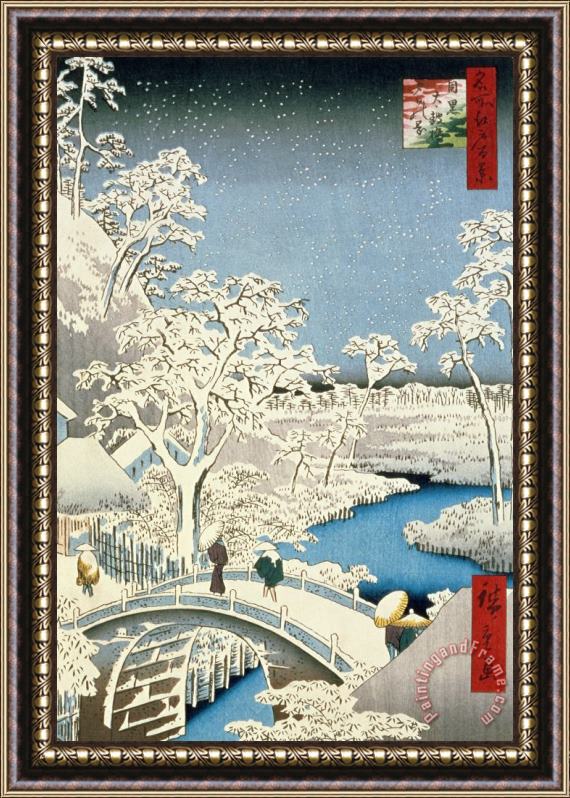 Hiroshige Drum bridge and Setting Sun Hill at Meguro Framed Print