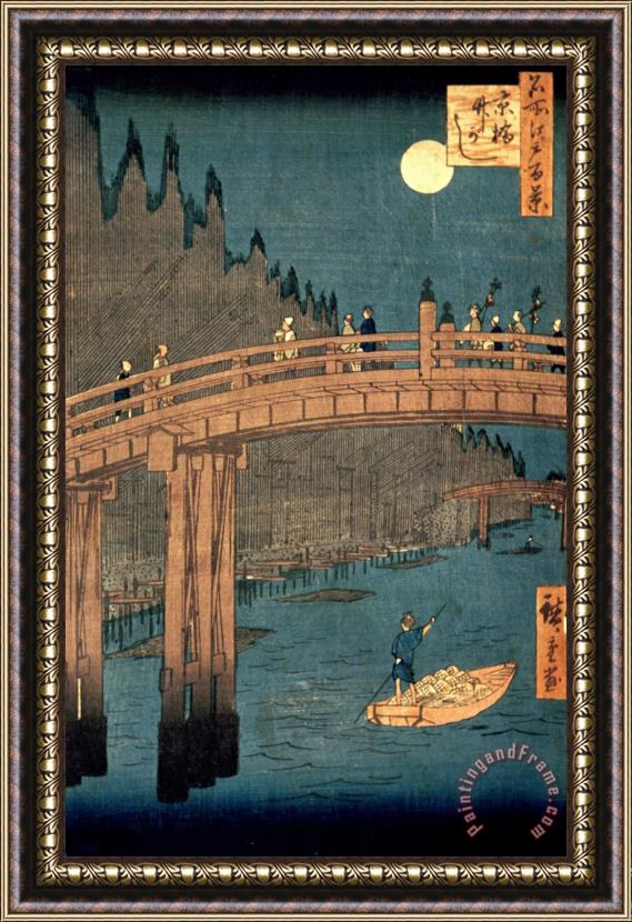 Hiroshige Kyoto bridge by moonlight Framed Painting