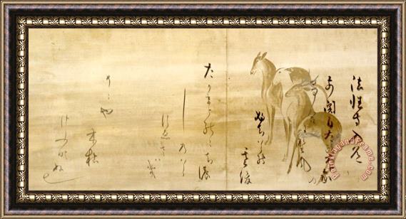 Honami Koetsu Calligraphy of Poems From The Shinkokin Wakashu on Paper Decorated with Deer Framed Print