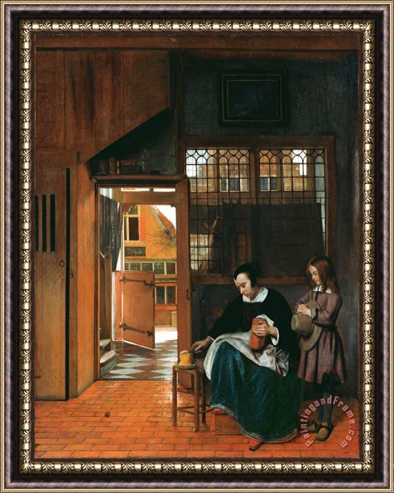 Hooch, Pieter De A Woman Preparing Bread And Butter for a Boy Framed Painting