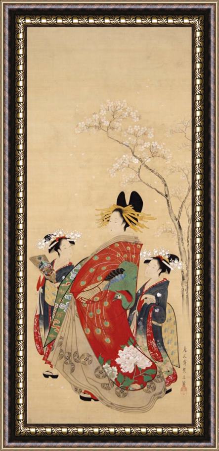 Hosoda Eishi Beauty Under Cherry Blossoms Framed Painting