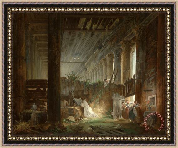Hubert Robert A Hermit Praying in The Ruins of a Roman Temple Framed Painting