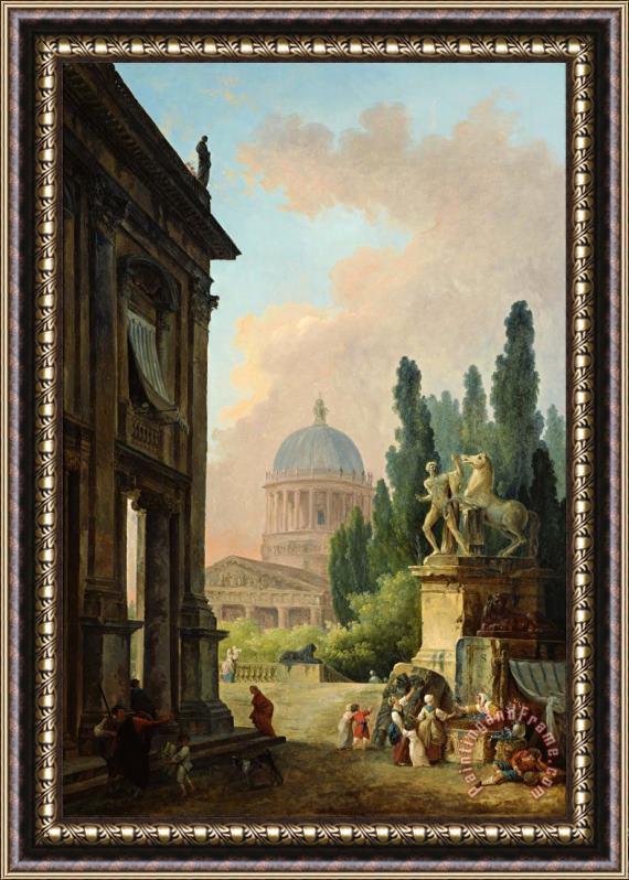 Hubert Robert Imaginary View of Rome with The Horse Tamer of The Monte Cavallo And a Church Framed Print
