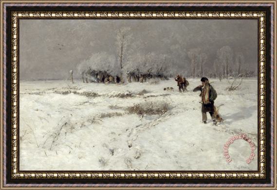 Hugo Muhlig Hunting in the Snow Framed Painting