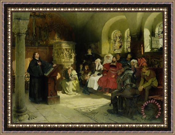 Hugo Vogel Luther Preaches using his Bible Translation while Imprisoned at Wartburg Framed Painting