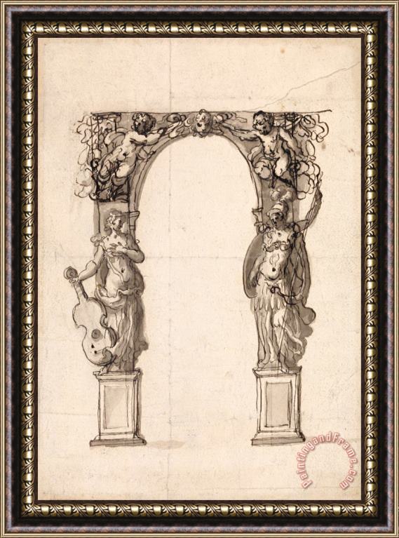 Inigo Jones Design for a Temporary Arch Ornamented with Putti And Allegorical Figures of Music And War Framed Painting