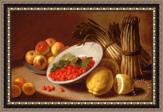 Italian School  Still Life of Raspberries Lemons and Asparagus Framed Painting