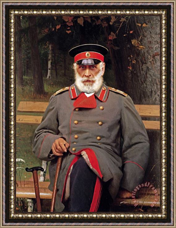Ivan Kramskoy Portrait of a Russian General Seated on a Bench Framed Painting