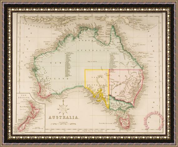 J Archer Map of Australia and New Zealand Framed Painting