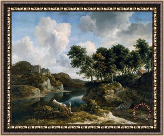 Jacob Isaacksz. van Ruisdael River Landscape with a Castle on a High Cliff Framed Painting