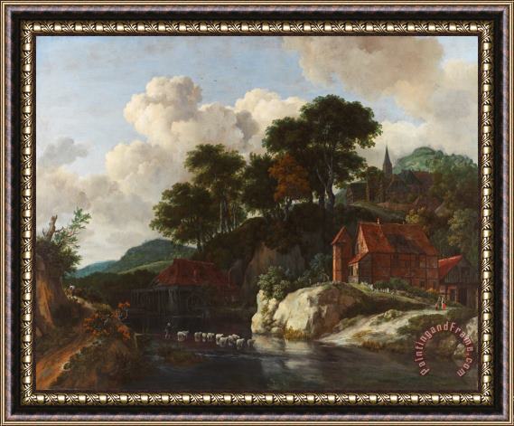 Jacob Isaaksz Ruisdael Hilly Landscape with a Watermill Framed Painting