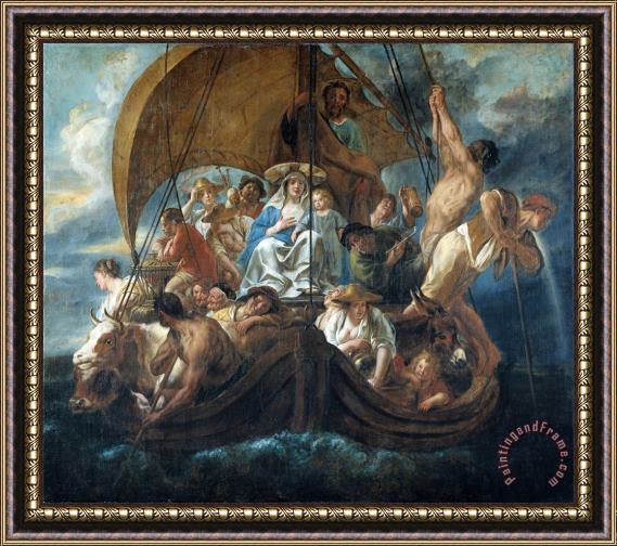 Jacob Jordaens The Holy Family with Various Persons And Animals in a Boat Framed Print