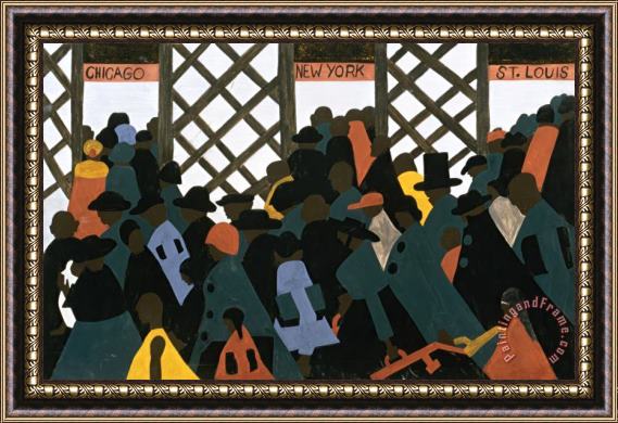 Jacob Lawrence The Migration Series, Panel No. 1: During World War I There Was a Great Migration North by Southern African Americans. Framed Painting