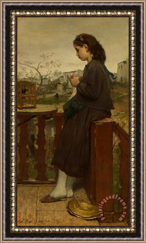 Jacob Maris Girl Knitting on a Balcony, Montmartre Framed Print