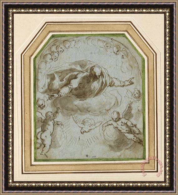 Jacopo Negretti God The Father with The Dove, Two Putti And a Nimbus of Cherubim Framed Painting