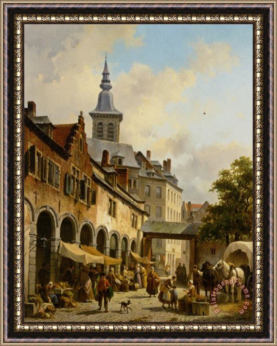 Jacques Carabain A Busy Market on a Town Square Framed Painting