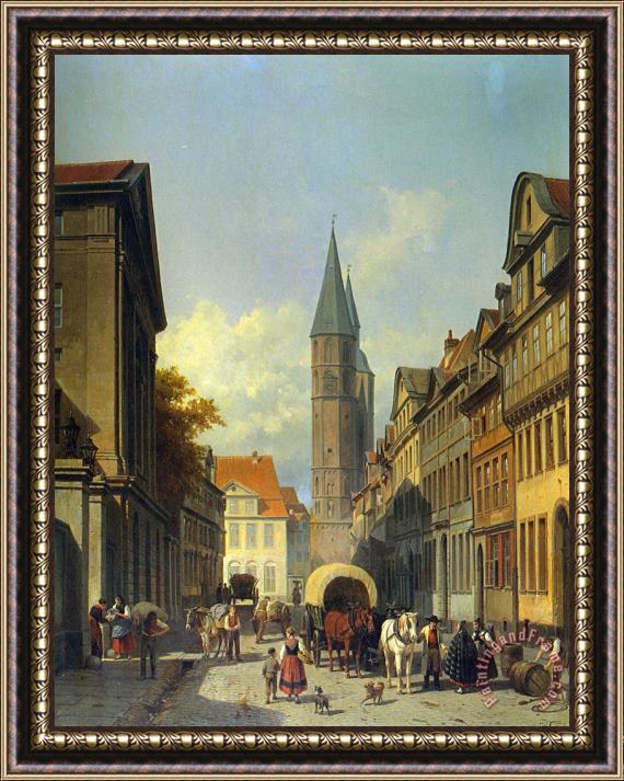 Jacques Carabain A Busy Street in a German Town Framed Print
