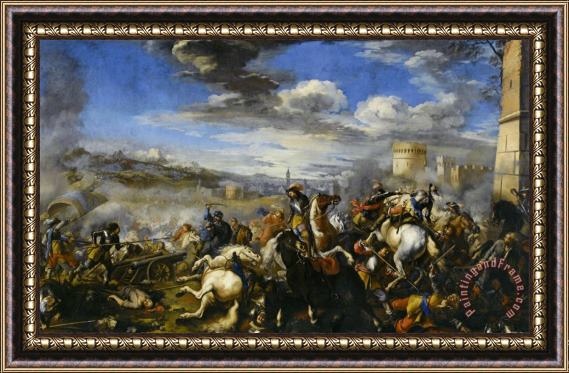Jacques Courtois Battle Scene with Infantry Cavalry And Cannon a Fortress And a City Beyond Framed Painting