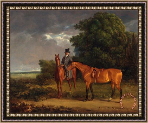 Jacques-Laurent Agasse A Groom Mounted on a Chestnut Hunter, He Holds a Bay Hunter by The Reins Framed Painting