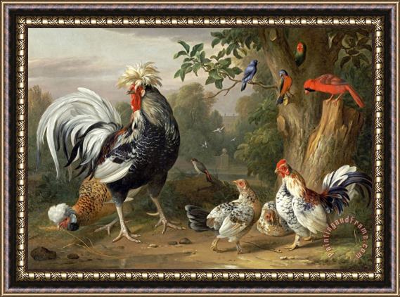 Jakob Bogdany Poultry And Other Birds in The Garden of a Mansion Framed Painting