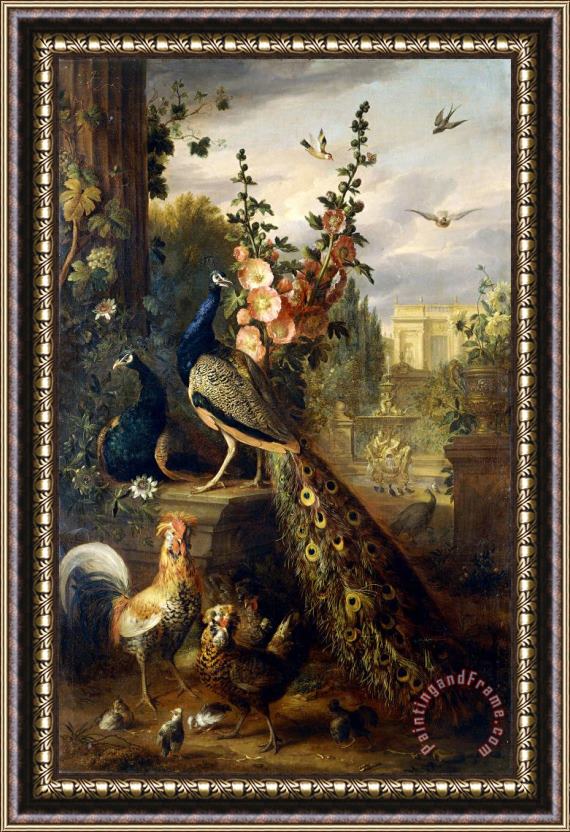 Jakob Bogdany Two Peacocks on a Stone Plinth in a Garden Framed Painting