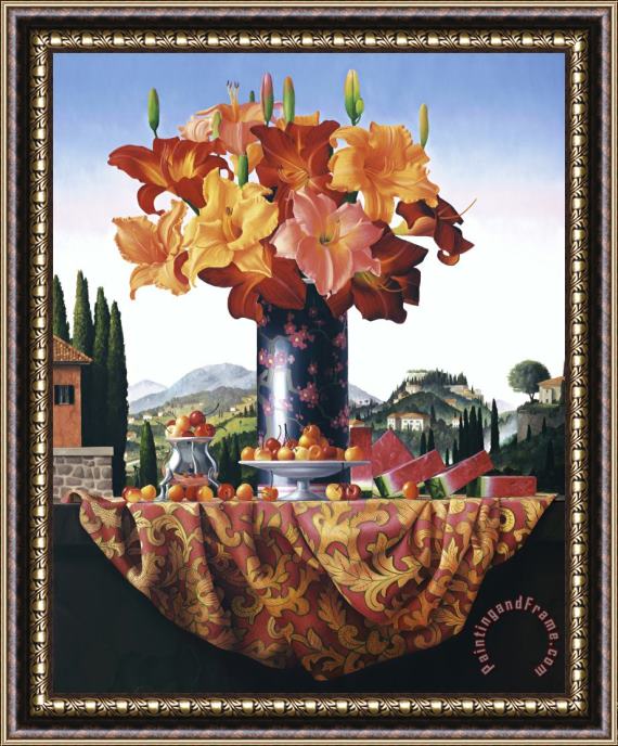 James Aponovich Castello Nuovo: Still Life with Day Lilies And Watermelon Framed Painting