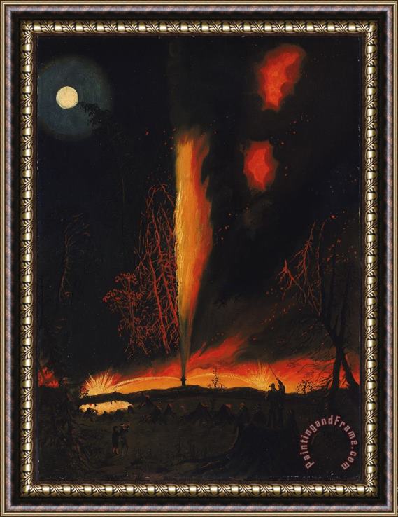 James Hamilton Burning Oil Well at Night, Near Rouseville, Pennsylvania Framed Print
