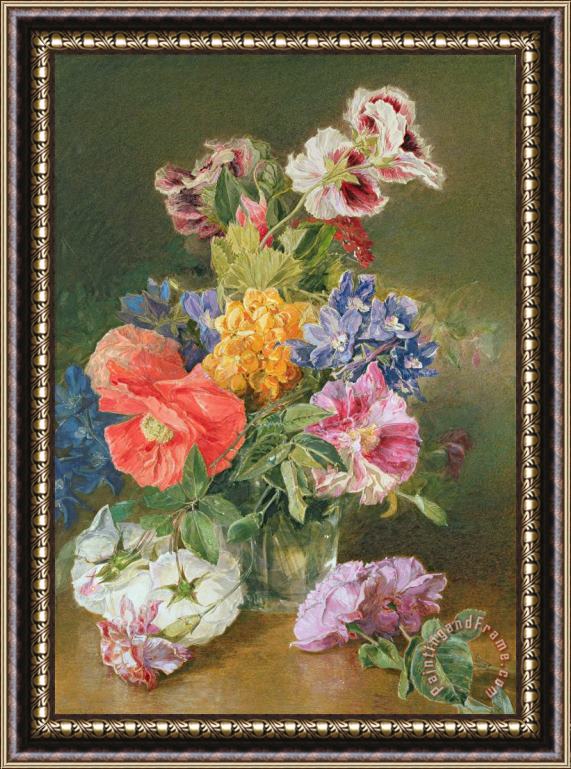 James Holland Roses Poppy And Pelargonia Framed Painting