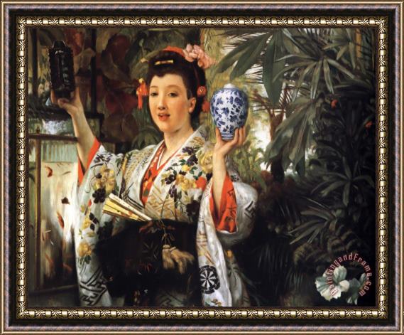 James Jacques Joseph Tissot Young Lady Holding Japanese Objects Framed Painting