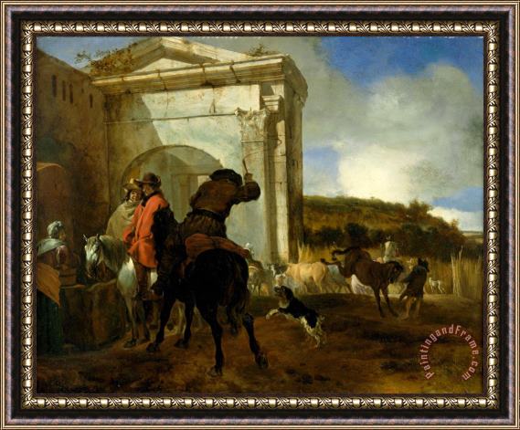 Jan Baptist Weenix Italian Landscape with Horsemen by a Spring Framed Painting