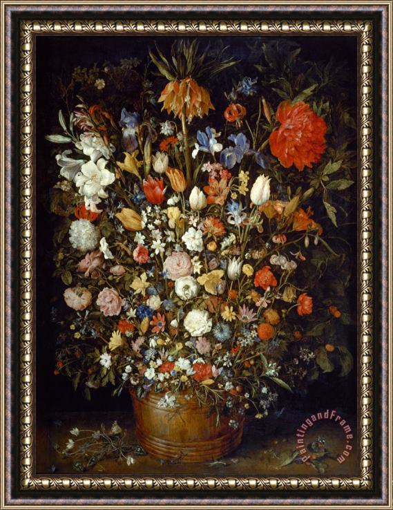 Jan Breughel Flowers in a Wooden Vessel Framed Painting