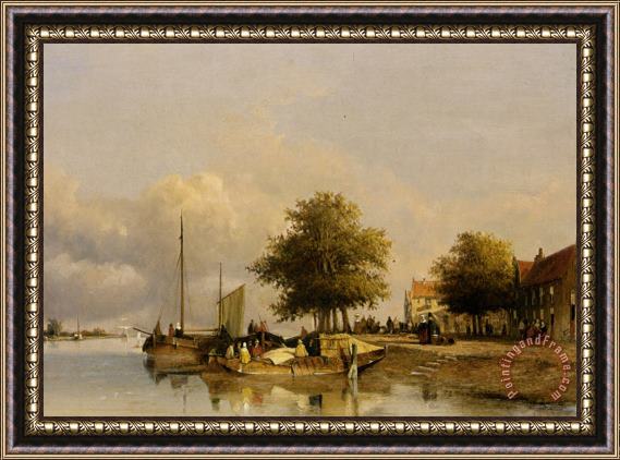 Jan Hendrik Weissenbruch Townsfolk on a Quay, Wijk Bij Duursrede Framed Painting