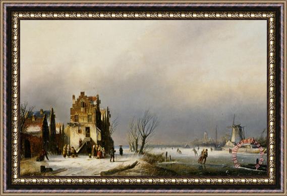 Jan Jacob Coenraad Spohler A Winter Landscape with Skaters Near a Village Framed Painting