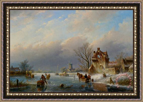 Jan Jacob Coenraad Spohler Figures on The Ice in a Winter Landscape Framed Painting