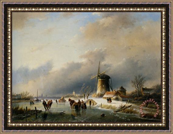 Jan Jacob Coenraad Spohler Figures Skating on a Frozen River Framed Painting