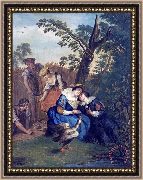 Jan Josef Horemans the Younger A Courting Couple Beneath a Tree Framed Painting