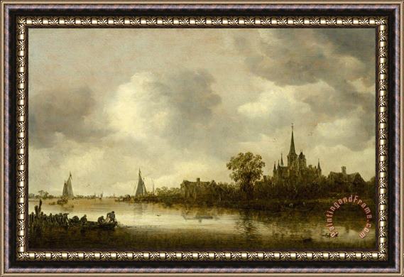 Jan Josefsz van Goyen River Landscape with a Church in The Distance Framed Painting
