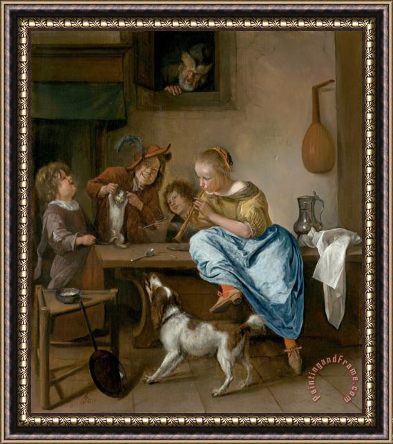 Jan Steen Children Teaching a Cat to Dance, Known As 'the Dancing Lesson' Framed Painting